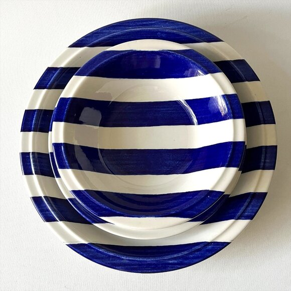 Grindley Cabana Stripes Blue & White Plate Bowl Set of 6 Staffordshire England - Picture 1 of 9